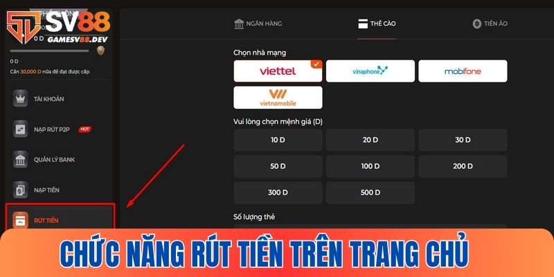 Tìm đến nút rút tiền trên trang chủ