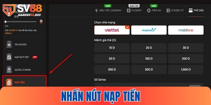 Tìm đến chuyên mục nạp tiền